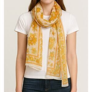 Glentex Vintage Made in Japan Yellow Floral Polyester Scarf Rectangle 13" x 44"